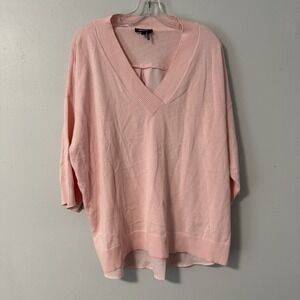 DKNY Women's Sweater pink‎ 3/4 V-Neck Tight Knit fine Gauge Pullover  L